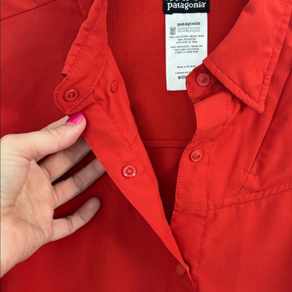Patagonia Orange Women’s Short Sleeve Sol Patrol Shirt Rip Stop Snap down 30 UPF - Picture 6 of 13
